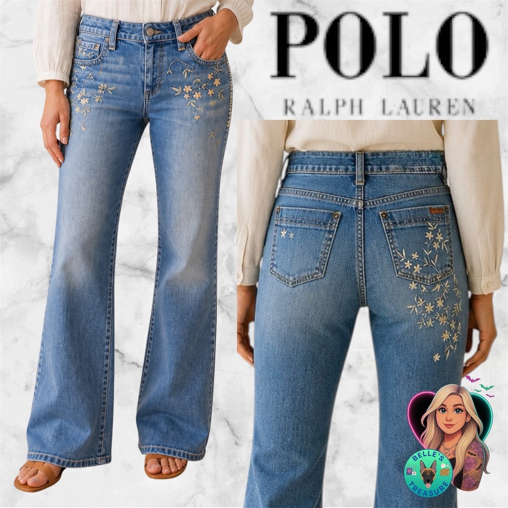 Polo Ralph Lauren Womens 31x33 (US10) Embroidered Floral Flare Jeans Vintage Y2K